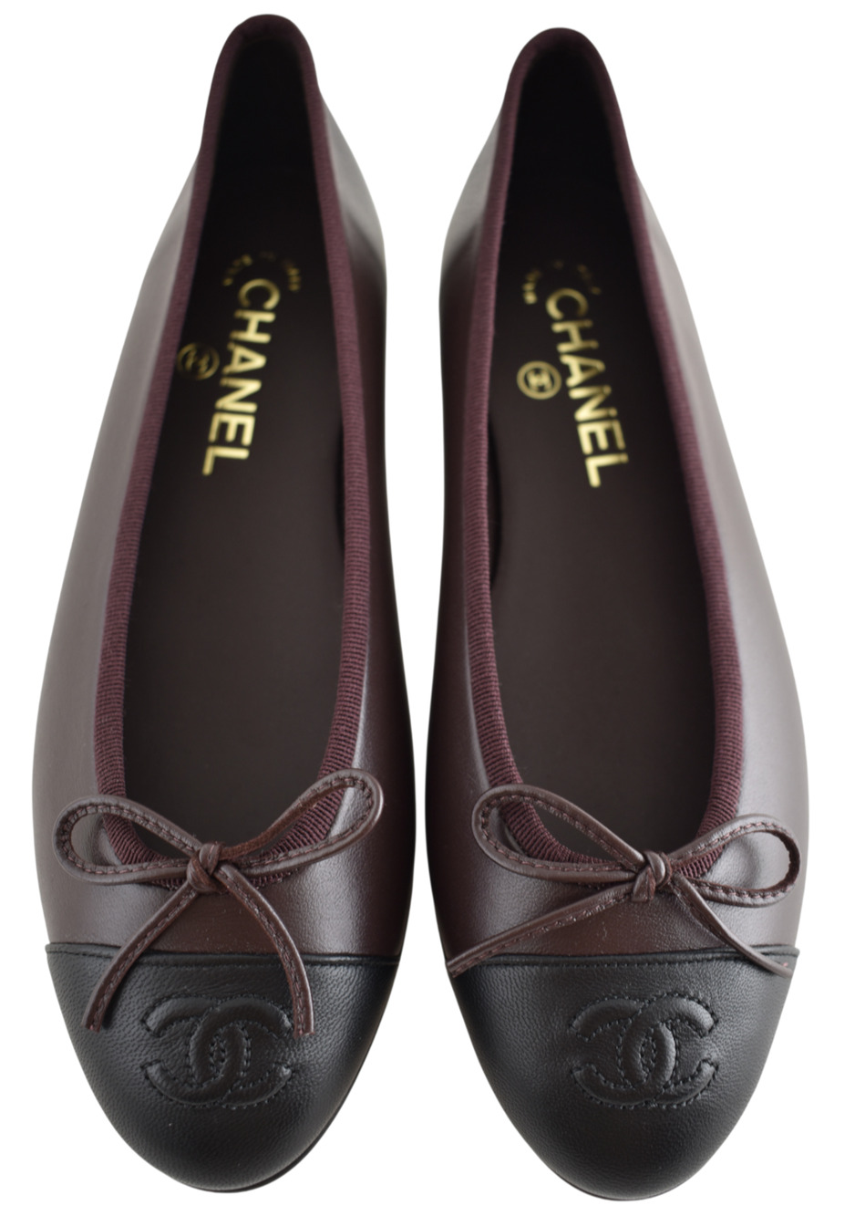 Chanel 26K Chocolate Dark Brown Black Lambskin CC Cap Ballet Ballerina Flat 42